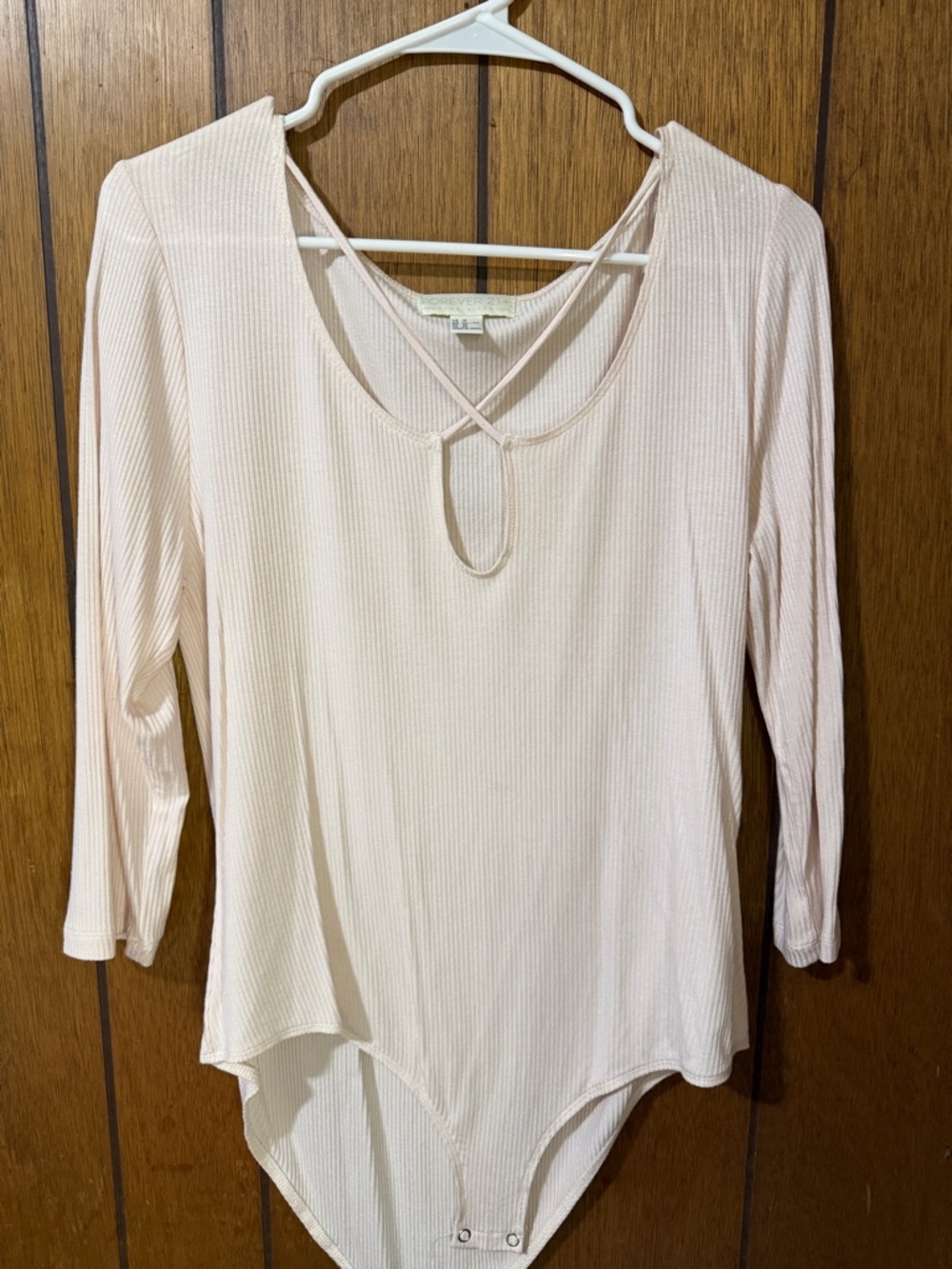 Forever 21 Pale Pink Ribbed Crossback Long-Sleeve Bodysuit